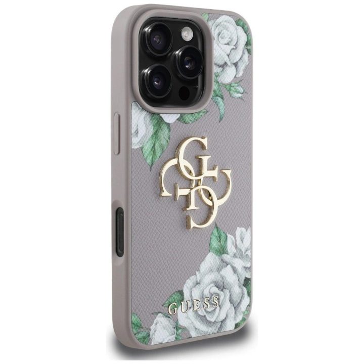 iPhone 16 Pro Max dėklas violetinis su rožėmis Guess 4G logotipu