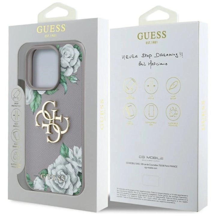 iPhone 16 Pro Max dėklas violetinis su rožėmis Guess 4G logotipu