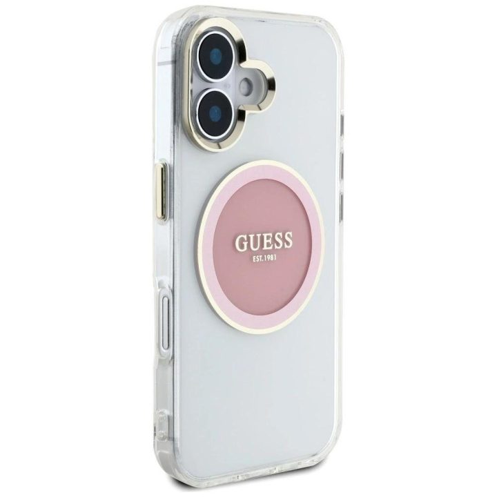 Permatomas rožinis iPhone 16 dėklas su MagSafe funkcija Guess