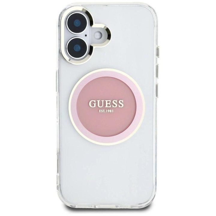 Permatomas rožinis iPhone 16 dėklas su MagSafe funkcija Guess