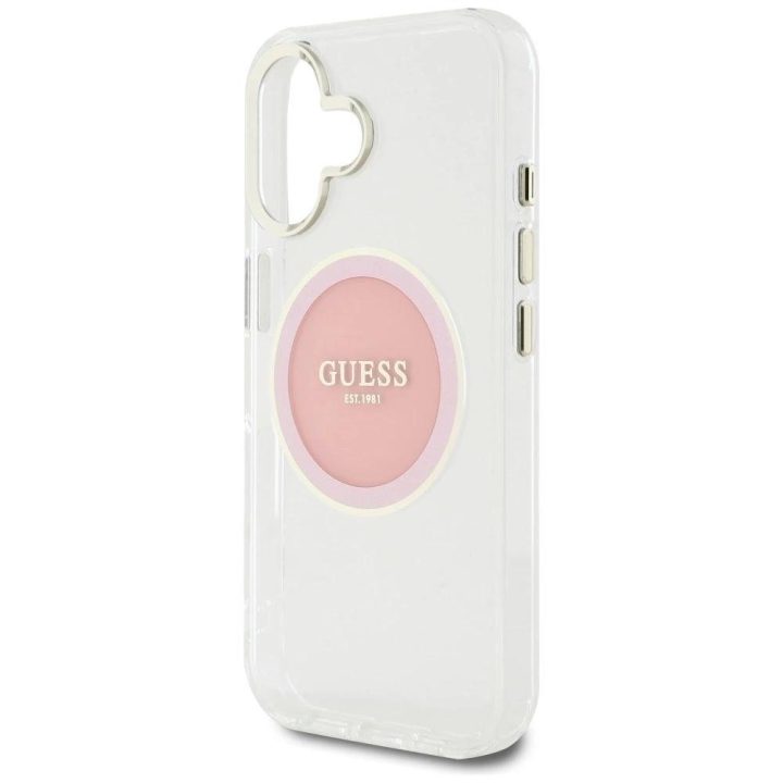 Permatomas rožinis iPhone 16 dėklas su MagSafe funkcija Guess