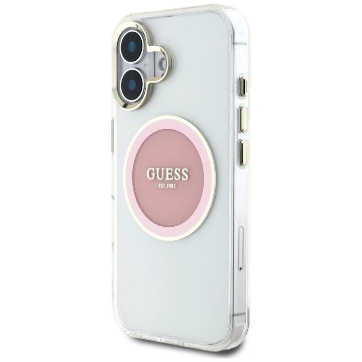 Permatomas rožinis iPhone 16 dėklas su MagSafe funkcija Guess