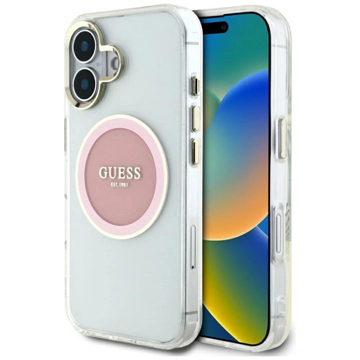Permatomas rožinis iPhone 16 dėklas su MagSafe funkcija Guess