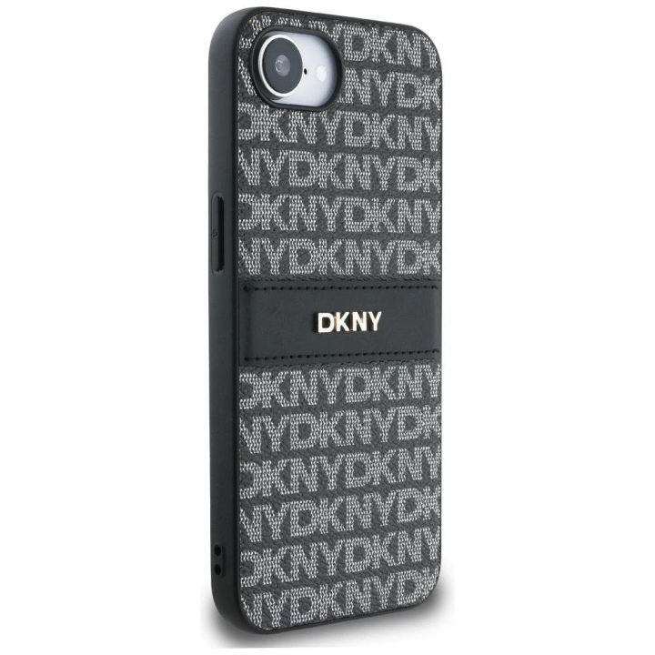 Juodas telefono dėklas iPhone 16e su tekstūra DKNY