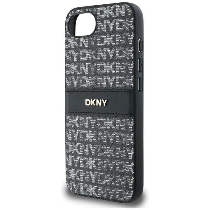 Juodas telefono dėklas iPhone 16e su tekstūra DKNY
