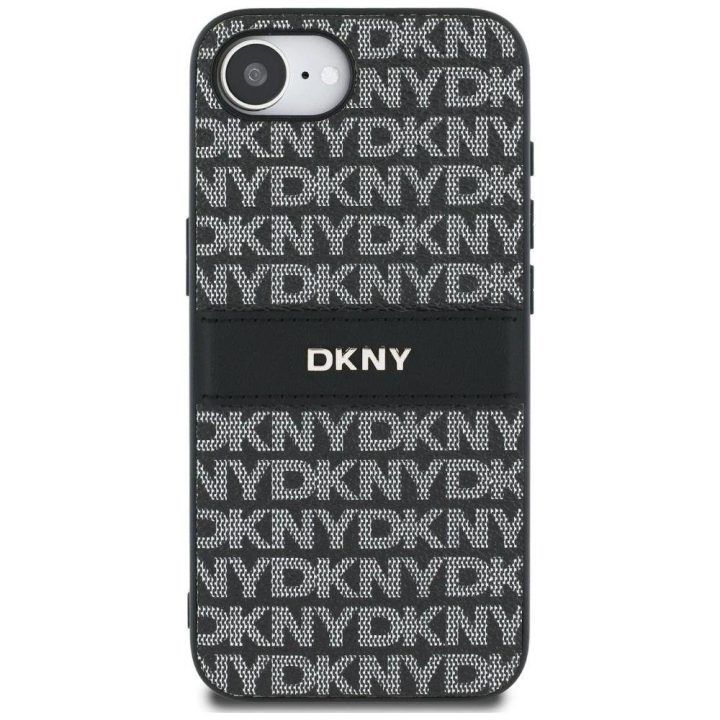 Juodas telefono dėklas iPhone 16e su tekstūra DKNY