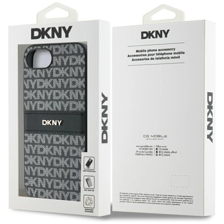 Juodas telefono dėklas iPhone 16e su tekstūra DKNY