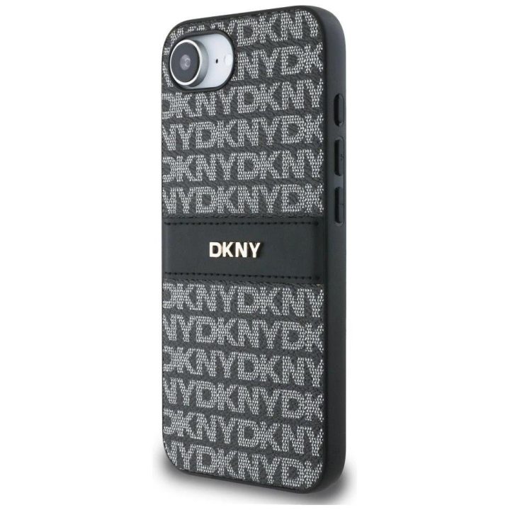 Juodas telefono dėklas iPhone 16e su tekstūra DKNY