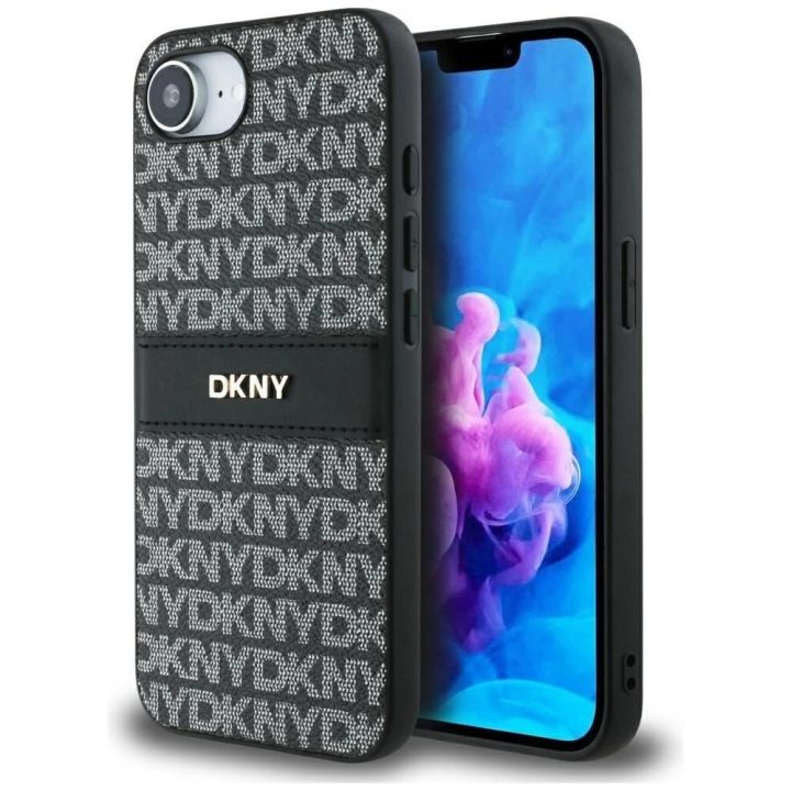 Juodas telefono dėklas iPhone 16e su tekstūra DKNY