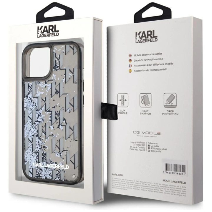 Juodas blizgus iPhone 15 dėklas su monograma Karl Lagerfeld