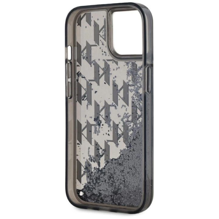 Juodas blizgus iPhone 15 dėklas su monograma Karl Lagerfeld