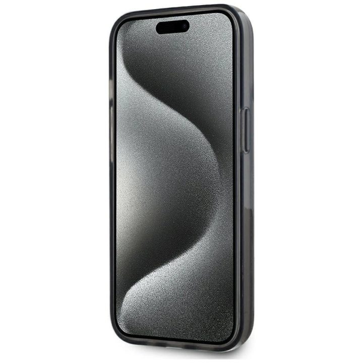 Juodas blizgus iPhone 15 dėklas su monograma Karl Lagerfeld