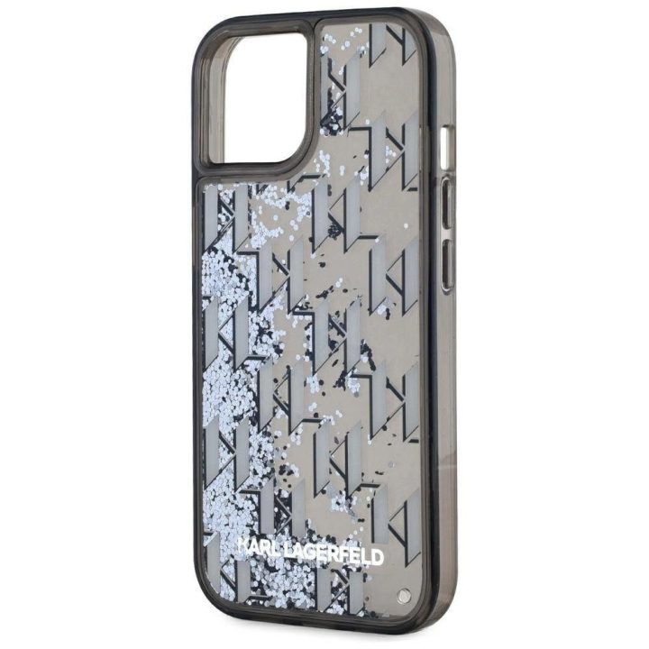 Juodas blizgus iPhone 15 dėklas su monograma Karl Lagerfeld