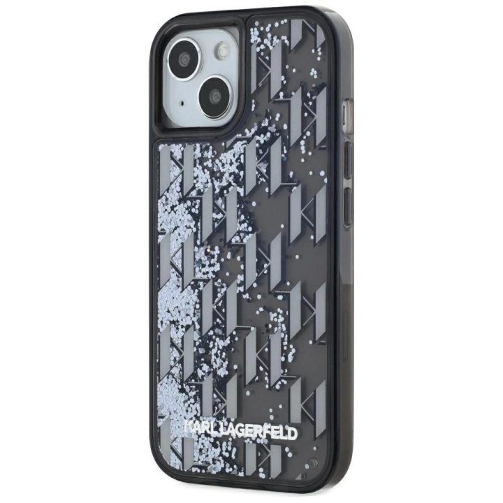 Juodas blizgus iPhone 15 dėklas su monograma Karl Lagerfeld
