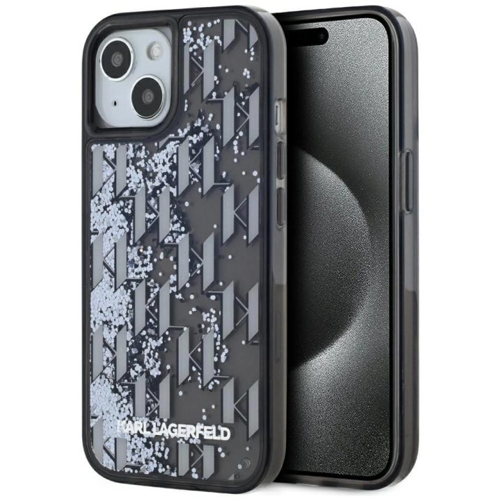 Juodas blizgus iPhone 15 dėklas su monograma Karl Lagerfeld