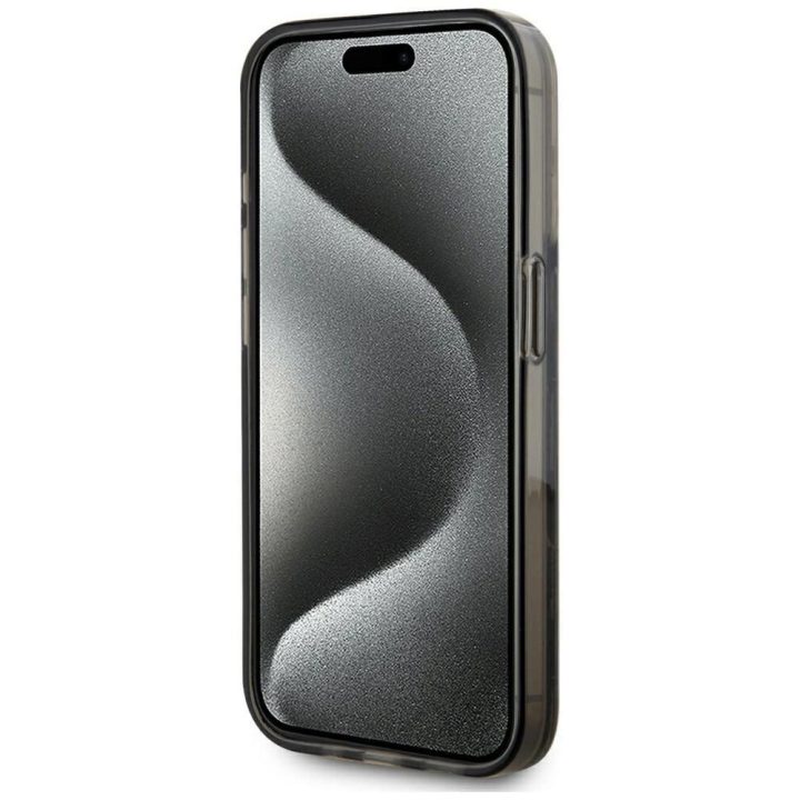 Juodas blizgus iPhone 15 Pro dėklas su monograma Karl Lagerfeld
