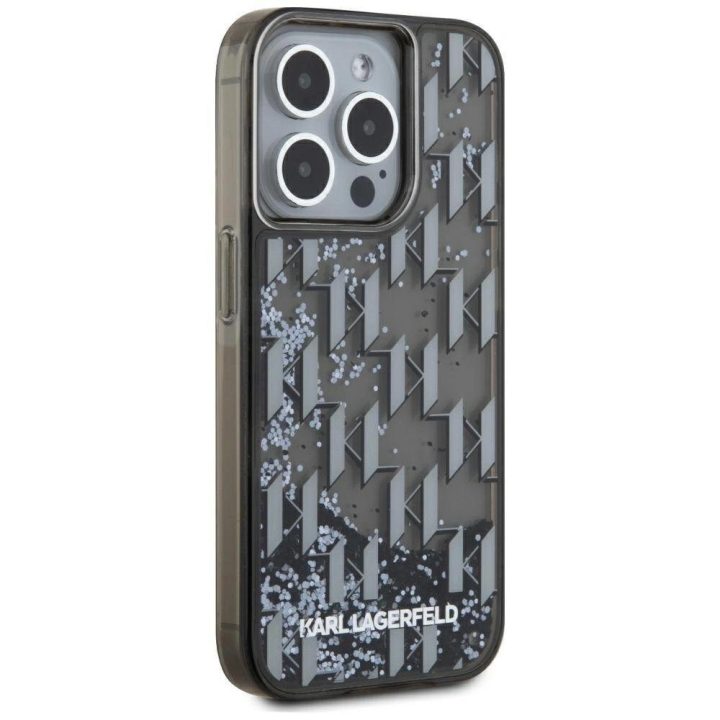 Juodas blizgus iPhone 15 Pro dėklas su monograma Karl Lagerfeld