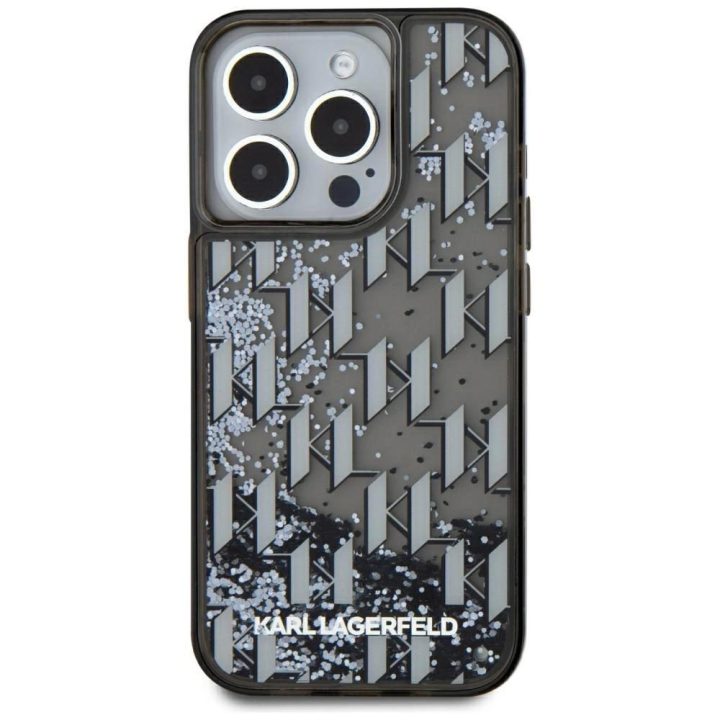 Juodas blizgus iPhone 15 Pro dėklas su monograma Karl Lagerfeld