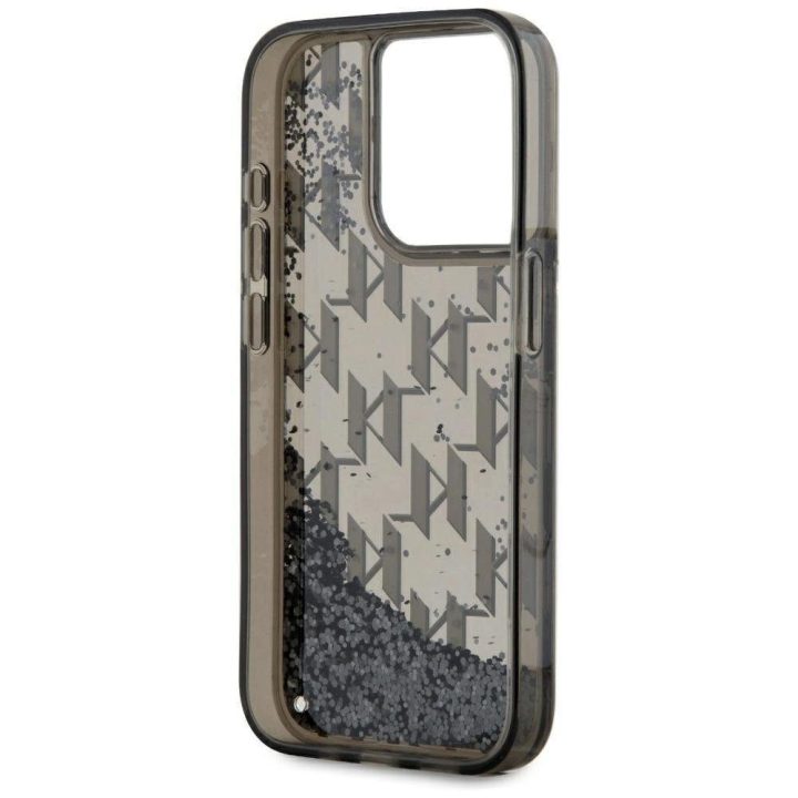 Juodas blizgus iPhone 15 Pro dėklas su monograma Karl Lagerfeld