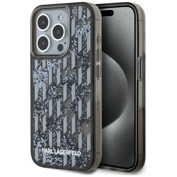 Juodas blizgus iPhone 15 Pro dėklas su monograma Karl Lagerfeld