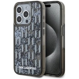 iPhone 15 Pro Max dėklas juodas su blizgučiais ir monograma Karl Lagerfeld