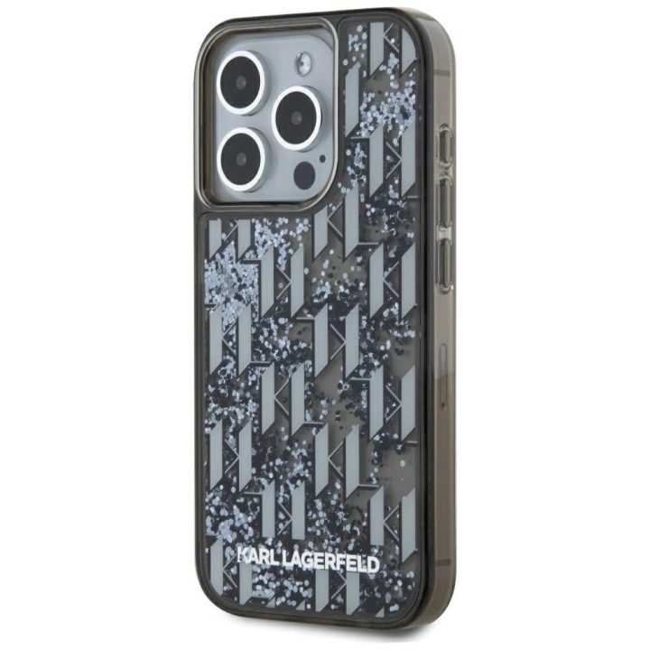 iPhone 15 Pro Max dėklas juodas su blizgučiais ir monograma Karl Lagerfeld