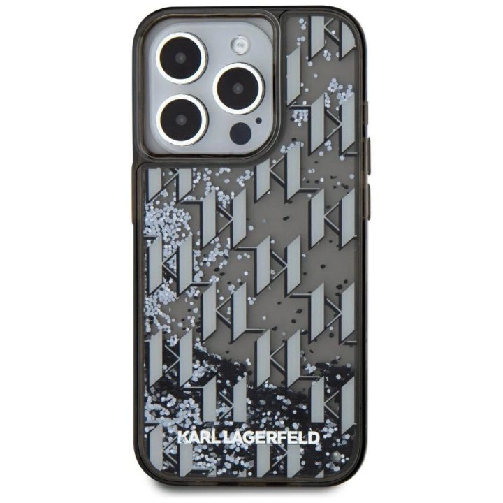 iPhone 15 Pro Max dėklas juodas su blizgučiais ir monograma Karl Lagerfeld