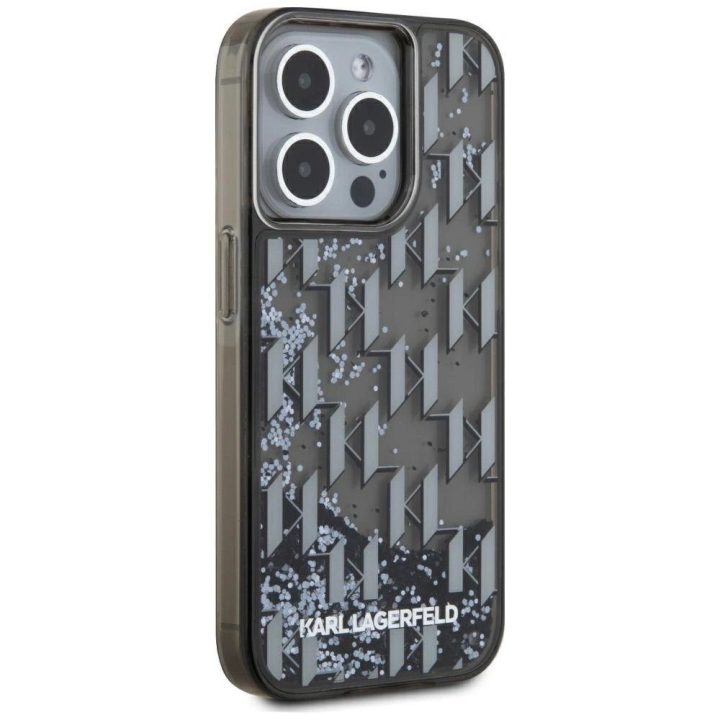 iPhone 15 Pro Max dėklas juodas su blizgučiais ir monograma Karl Lagerfeld