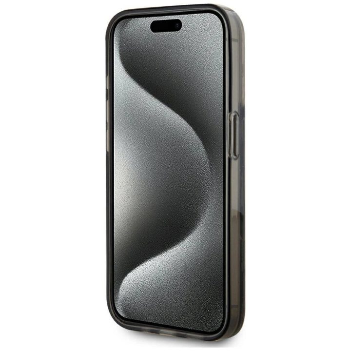 iPhone 15 Pro Max dėklas juodas su blizgučiais ir monograma Karl Lagerfeld