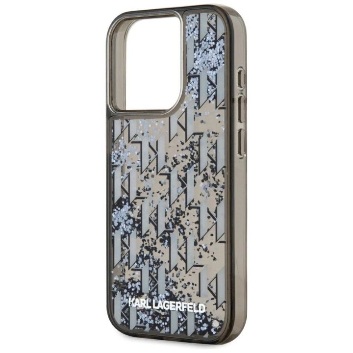iPhone 15 Pro Max dėklas juodas su blizgučiais ir monograma Karl Lagerfeld
