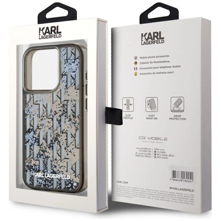 iPhone 15 Pro Max dėklas juodas su blizgučiais ir monograma Karl Lagerfeld