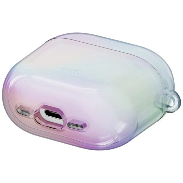 Apsauginis baltas dėklas AirPods 4 su karabinu Uniq Iridescia