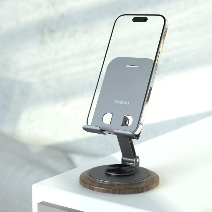Metalinė pilka telefono laikiklio stotelė su 360° pasukimu