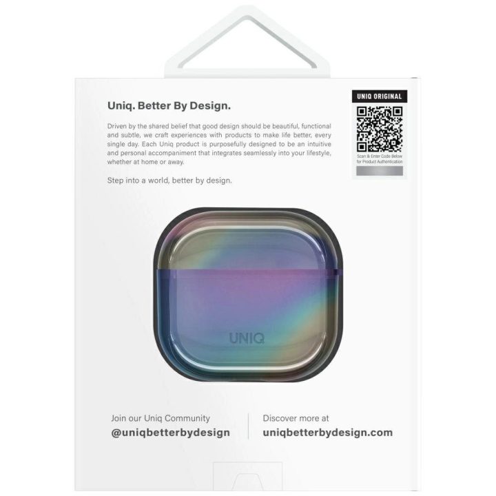 Apsauginis permatomas dėklas AirPods 4 su karabinu Uniq Iridescia