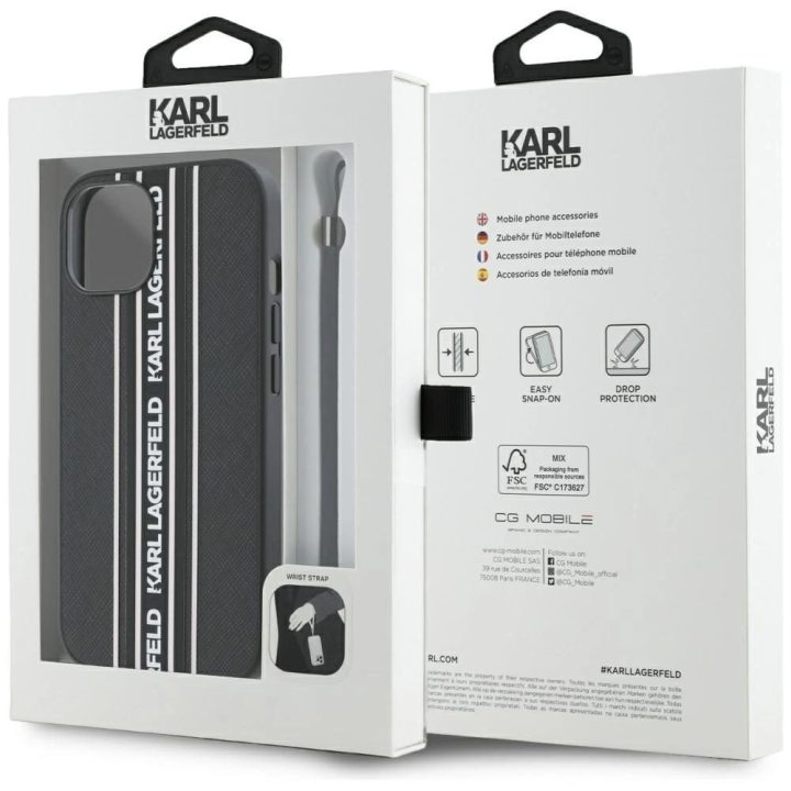 iPhone 15 dėklas rožinis su virvele Saffiano Karl Lagerfeld
