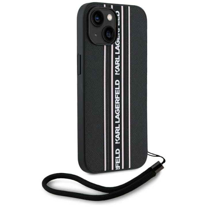 iPhone 15 dėklas rožinis su virvele Saffiano Karl Lagerfeld