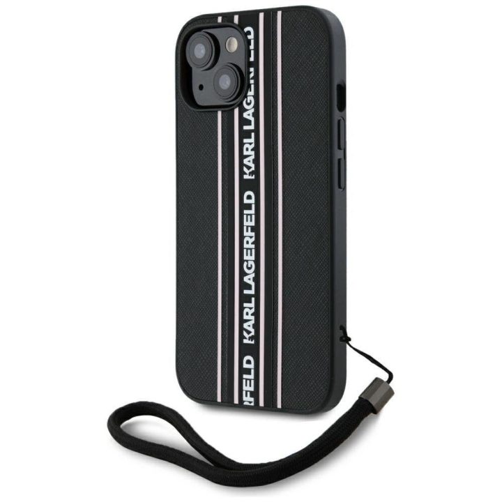 iPhone 15 dėklas rožinis su virvele Saffiano Karl Lagerfeld