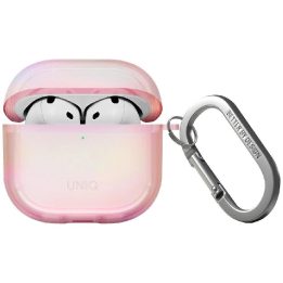 Apsauginis rožinis dėklas AirPods 4 su karabinu Uniq Iridescia