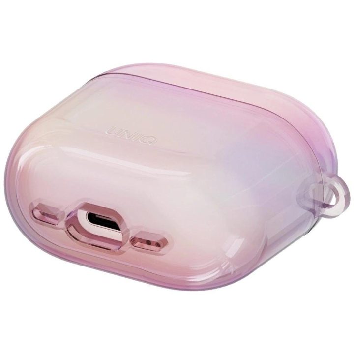 Apsauginis rožinis dėklas AirPods 4 su karabinu Uniq Iridescia