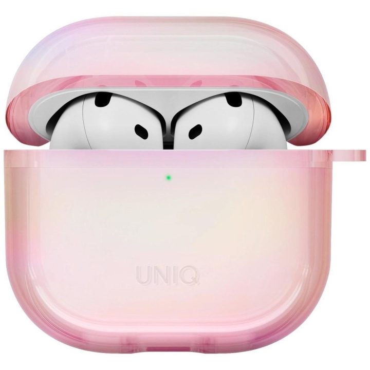 Apsauginis rožinis dėklas AirPods 4 su karabinu Uniq Iridescia