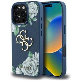 Mėlynas silikoninis iPhone 16 Pro dėklas su 4G logotipu Guess
