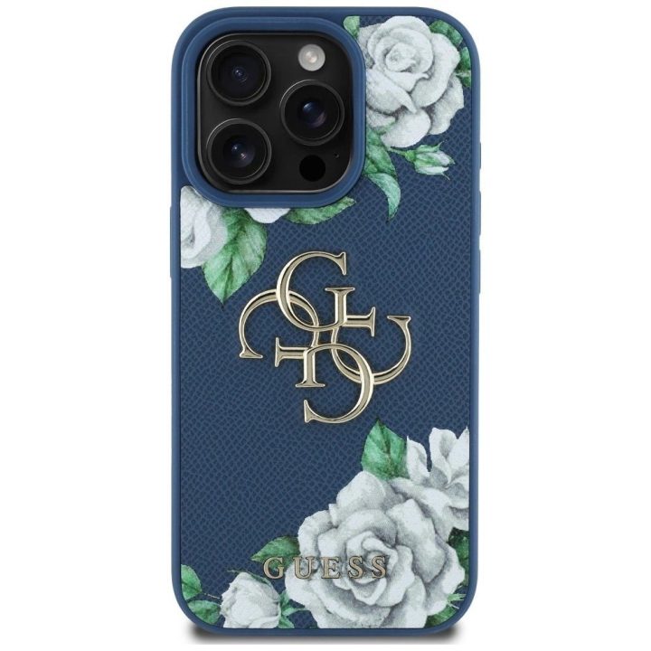 Mėlynas silikoninis iPhone 16 Pro dėklas su 4G logotipu Guess