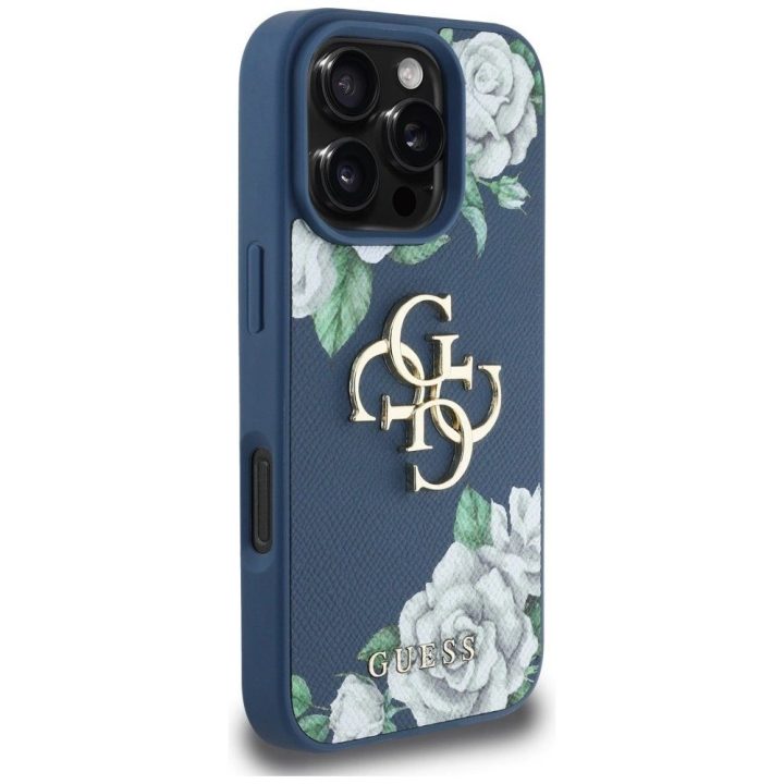 Mėlynas silikoninis iPhone 16 Pro dėklas su 4G logotipu Guess