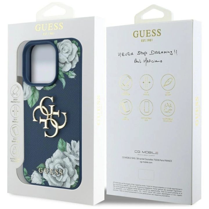 Mėlynas silikoninis iPhone 16 Pro dėklas su 4G logotipu Guess