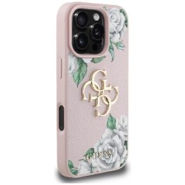 Rožinis grublėtas iPhone 16 Pro dėklas su 4G logotipu Guess
