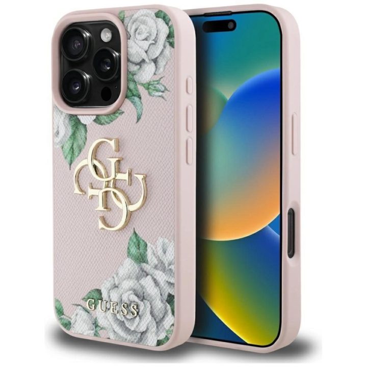 Rožinis grublėtas iPhone 16 Pro dėklas su 4G logotipu Guess