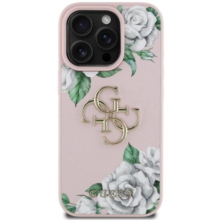 Rožinis grublėtas iPhone 16 Pro dėklas su 4G logotipu Guess