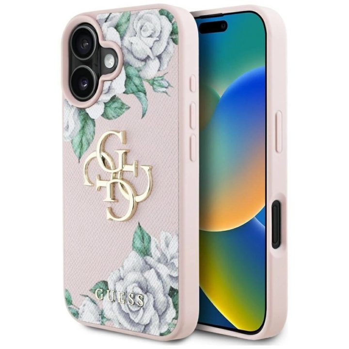 Rožinis silikoninis iPhone 16 dėklas su 4G logotipu Guess