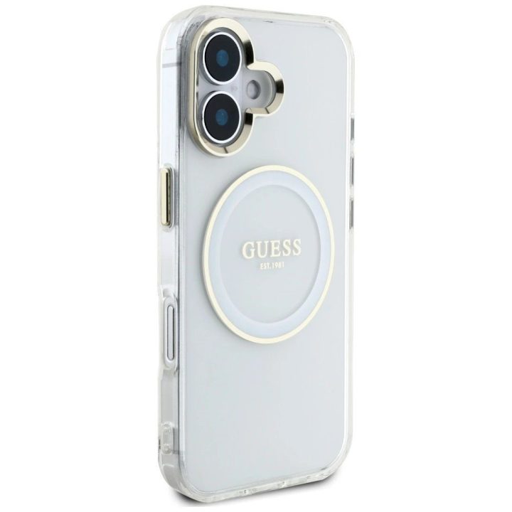 Permatomas baltas iPhone 16 dėklas su MagSafe funkcija Guess