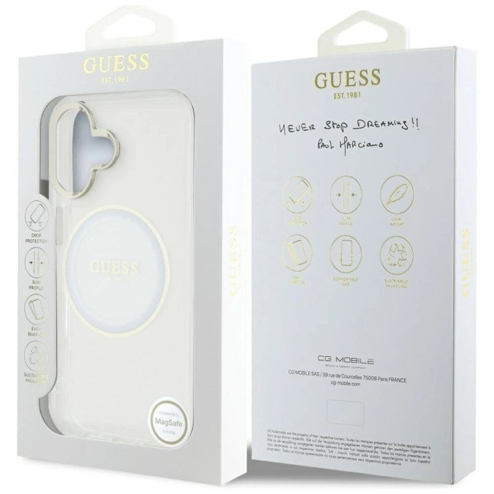 Permatomas baltas iPhone 16 dėklas su MagSafe funkcija Guess